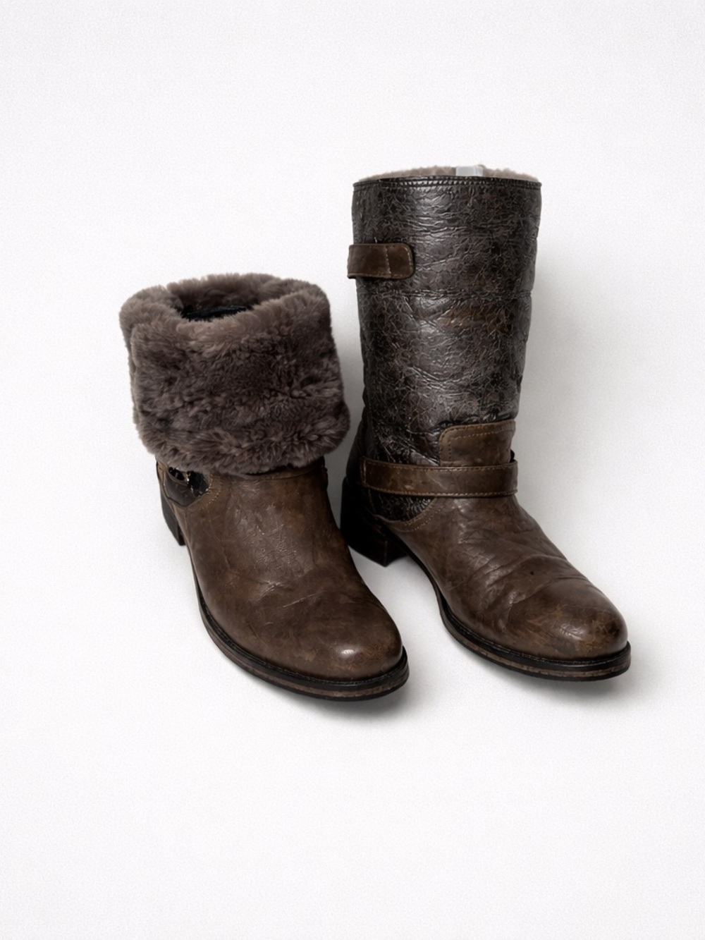 Latitude Femme Made In Italy Mid Calf Boots Crinkled Grey/Brown Fur Size 36/6